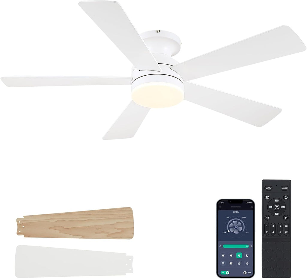 White Ceiling Fans with Lights - 46" Flush Mount Low Profile Ceiling Fan Light with 5 Double-Sided Blades, 6 Speeds 3CCT Reversible Motor, Modern Ceiling Fan for Indoor/Outdoor Patios