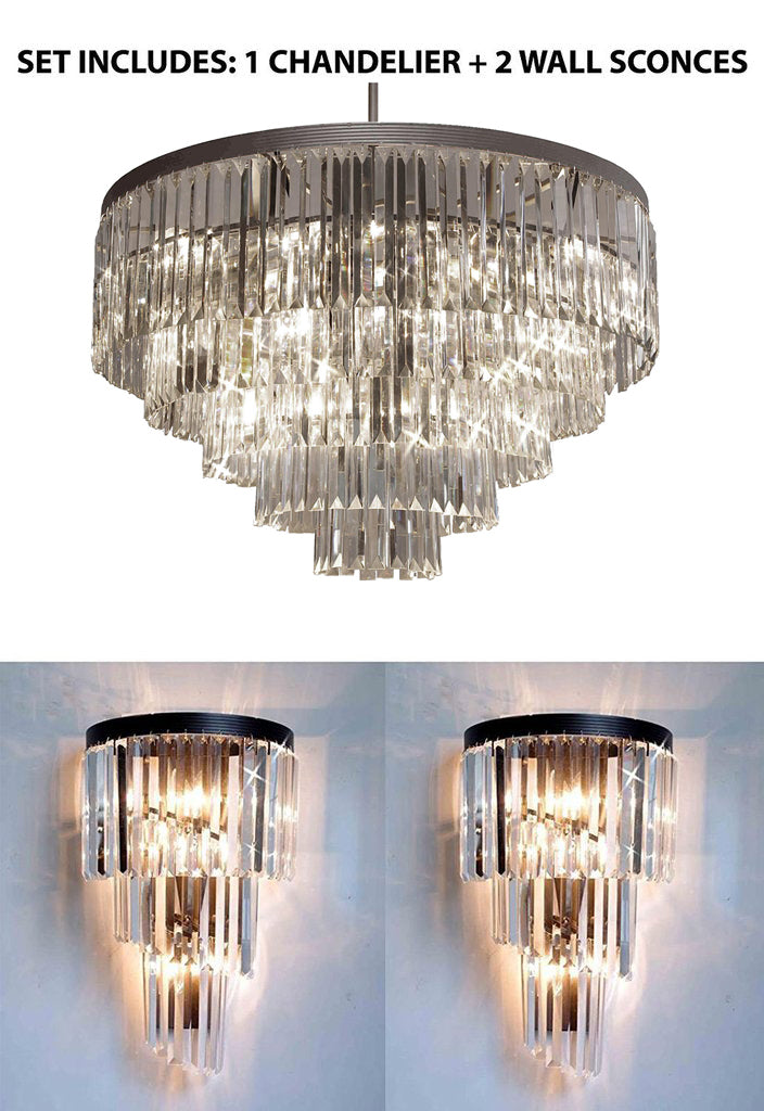 Set Of 3: 1 Palladium Empress Crystal (Tm) Glass Fringe Chandelier Chandeliers Lighting + 2 Retro Palladium Crystal Glass Fringe Helix 3 Tier Spiral Wall Sconces - 1Ea 1157/17 + 2Ea 1100/4