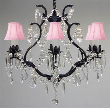 Swarovski Crystal Trimmed Chandelier Wrought Iron Crystal Chandelier Lighting H 19" W 20" - With Pink Shades - A83-Pinkshades/3530/6 Sw