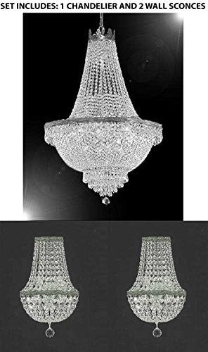 Set Of 3 - 1 Swarovski Crystal Trimmed Chandelier Empire Chandelier Lighting H 30" X W 24" And 2 Swarovski Crystal Trimmed Chandelier Empire Crystal Wall Sconce Lighting W 9.5" H 18" D 5" - 1Ea-Cs/870/9 + 2Ea-Cs/4/5/Wallsconce-Sw