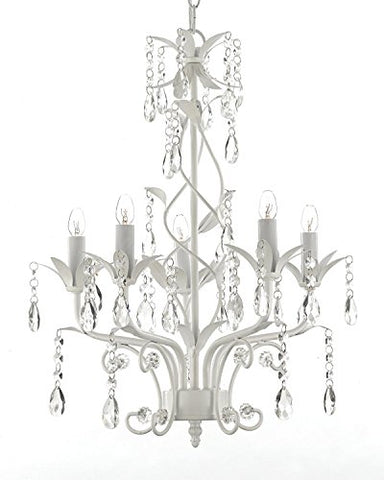 Wrought Iron and Crystal 5 Light White Chandelier Pendant Lighting H20.5" X W14.5" Can be Hardwired or Plugged in ! - J10-SCL1529CW