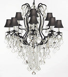 F83-Sc/B12/3034/8+4Sw Wrought Iron Crystal Chandelier Lighting H40" X W28" With Shades Trimmed With Spectra (Tm) Crystal - Reliable Crystal Quality By Swarovski - F83-Sc/Blackshade/B12/3034/8+4Sw