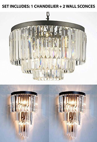 Set Of 2: 1 Palladium Crystal Glass Fringe 3-Tier Chandelier Chandeliers Lighting + 2 Retro Palladium Crystal Glass Fringe Helix 3 Tier Spiral Wall Sconces - 1Ea 1100 + 2Ea 1100/4