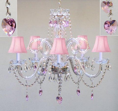 Chandelier Lighting W/ Crystal Pink Shades & Hearts H25" X W24" - Perfect For Kid'S And Girls Bedroom - Go-A46-Pinkshades/387/5/Pinkhearts