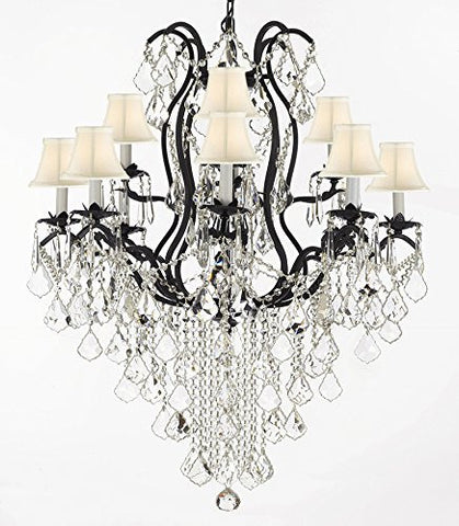 Wrought Iron Crystal Chandelier Lighting H40" X W28" With Shades Trimmed With Spectra (Tm) Crystal - Reliable Crystal Quality By Swarovski - F83-Sc/Whiteshade/B12/3034/8+4Sw