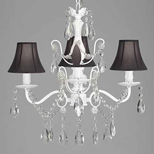 Wrought Iron and Crystal 4 Light White Chandelier H 14" X W 15" Pendant Fixture Lighting Hardwire and Plug In with Shades - J10-SC/SCL-01490CW/BLACK