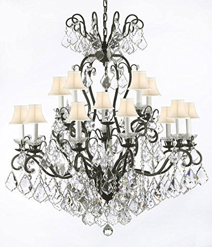 Wrought Iron Empress Crystal (Tm) Chandelier Lighting With White Shades W38" H44" - F83-Whiteshades/556/16