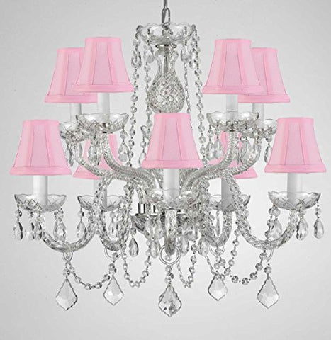 Swarovski Crystal Trimmed Chandelier Crystal Chandelier Lighting With Pink Shades H 25" X W 24" - G46-Pinkshades/Cs/1122/5+5 Sw