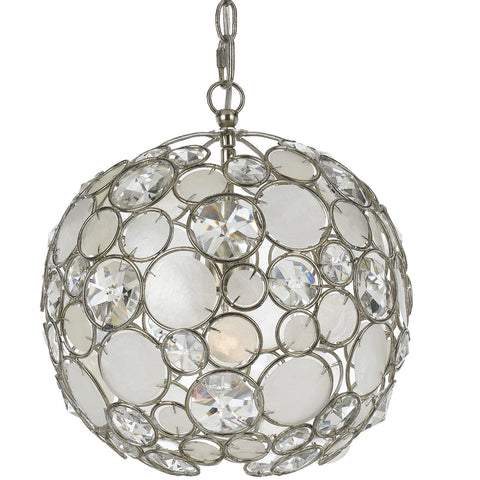 1 Light Antique Silver Coastal Mini Chandelier Draped In Natural White Capiz Shell + Hand Cut Crystal  - C193-527-SA