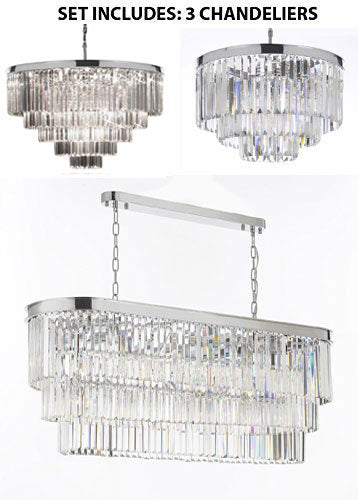 Set Of 3 - Palladium Empress Crystal (Tm) Glass Fringe 3-Tier Chandelier H 21.5" W 19.75" & 1 Retro Palladium Crystal Glass Fringe H25" W33.5" & 1 Retro Palladium Glass Fringe Chrome Finish W 49" D 14" H 18" - 1Ea 2164/9 + 1Ea 2164/18 + 1Ea 2164/12