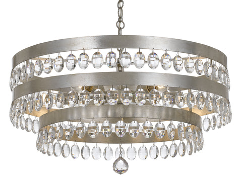 8 Light Antique Silver Transitional Chandelier Draped In Clear Elliptical Faceted Crystal - C193-6108-SA