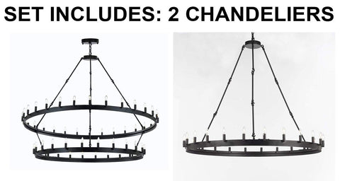 Set of 2-1 Wrought Iron Vintage Barn Metal Castile Two Tier Chandelier W 63" H 60" & 1 Wrought Iron Vintage Barn Metal Castile One Tier Lighting W 50" H 48" Great for The Living Room, Family Room & More - 1EA G7-3428/54 + 1EA G7-3428/24