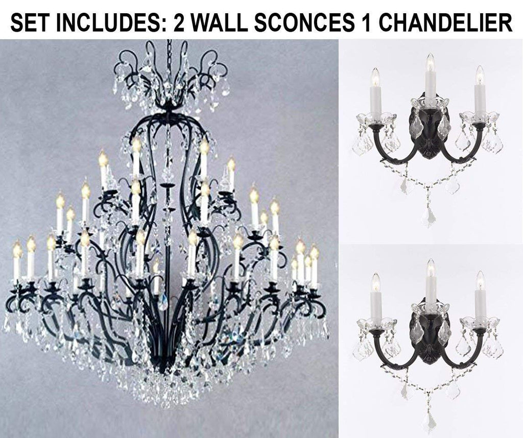 Set of 3-2 Wrought Iron Wall Sconce Crystal Lighting W 11.5" H 14" D 17" and 1 Wrought Iron Crystal Chandelier Lighting H72 x W60 - Perfect for an Entryway Or Foyer! - 2EA G83-3/556 + 1EA A83-556/41