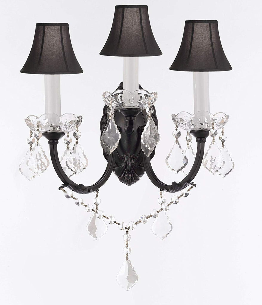 Swarovski Crystal Trimmed Wrought Iron Wall Sconce! W 11.5" H 14" D 17" w/Black Shades - G83-BLACKSHADES/3/556SW