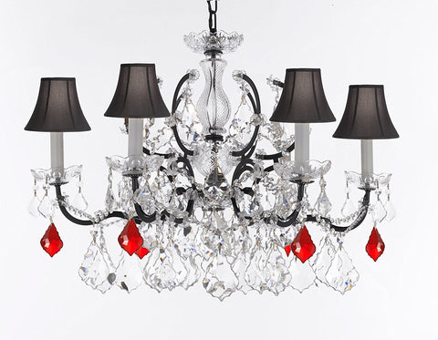 19th C. Baroque Iron & Crystal Chandelier Lighting Dressed w/Empress Crystal (tm) - Dressed with Ruby Red Crystals Great for Kitchens, Closets, & Dining Rooms H 25" x W 26" w'Black Shades - G83-B98/BLACKSHADES/994/6