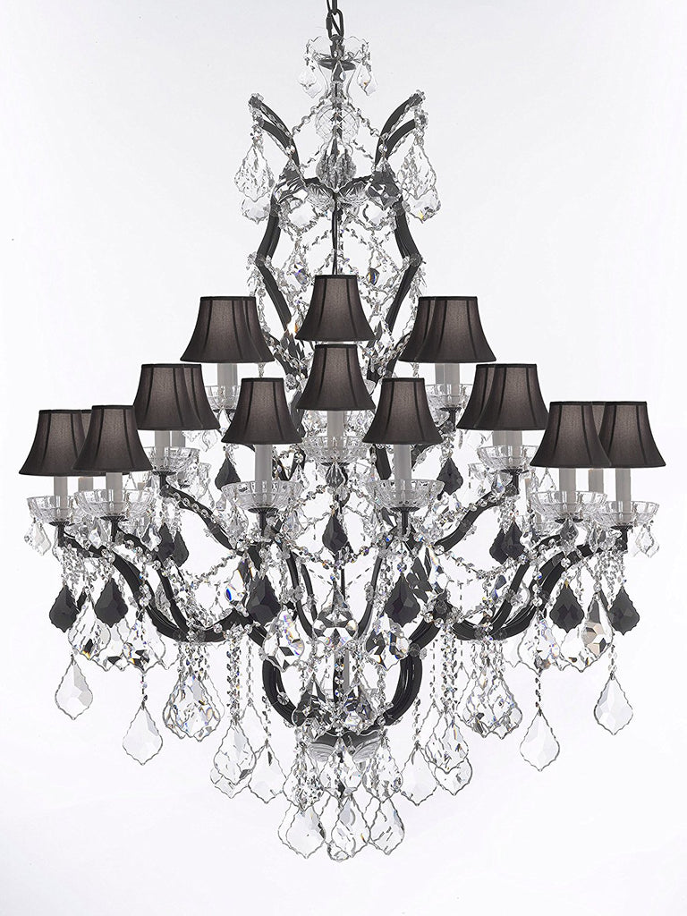 Swarovski Crystal Trimmed Chandelier 19th C. Baroque Iron & Crystal Chandelier Lighting Dressed w/Jet Black Crystals H 52" x W 41" - Great for the Dining Room, Entry Way, Living Room w/Black Shades - G83-B97/BLACKSHADES/996/25SW