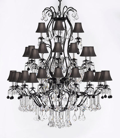 Large Wrought Iron Chandelier Chandeliers Lighting With Jet Black Crystal Balls H60" x W52" - Great for the Entryway, Foyer, Family Room, Living Room w/ Black Shades - A83-B95/BLACKSHADES/3031/36